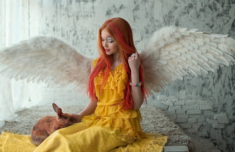 Woman with Angel Wings — Yellow, Serene, Photograph