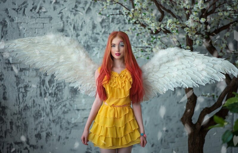 Woman with Angel Wings — Yellow, Serene, Spring, Photograph