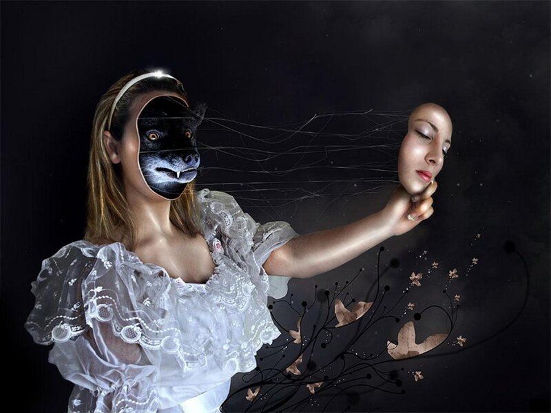 woman with animal mask and floating face