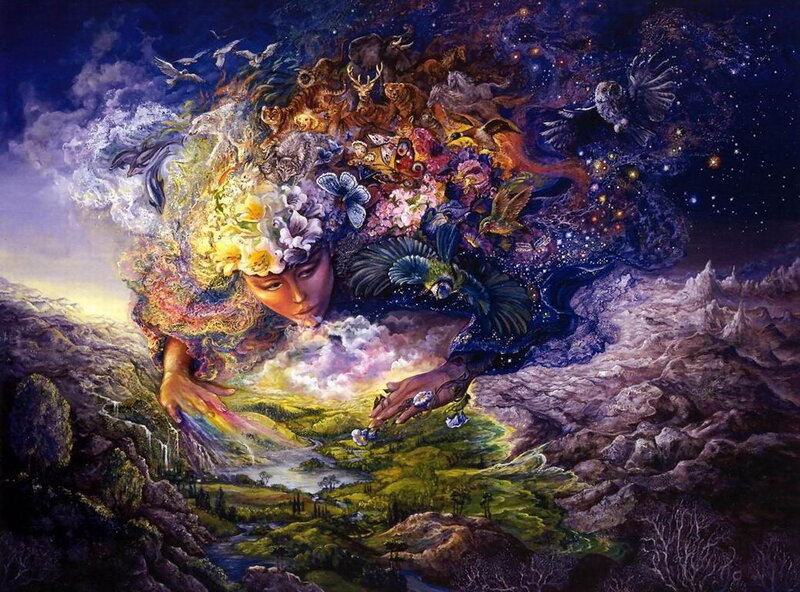 Woman with Animals — Blue, Dramatic, Night, Painting