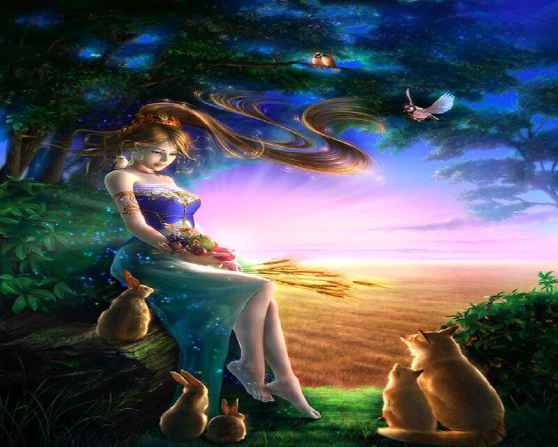 Woman with Animals — Blue, Serene, Sunset