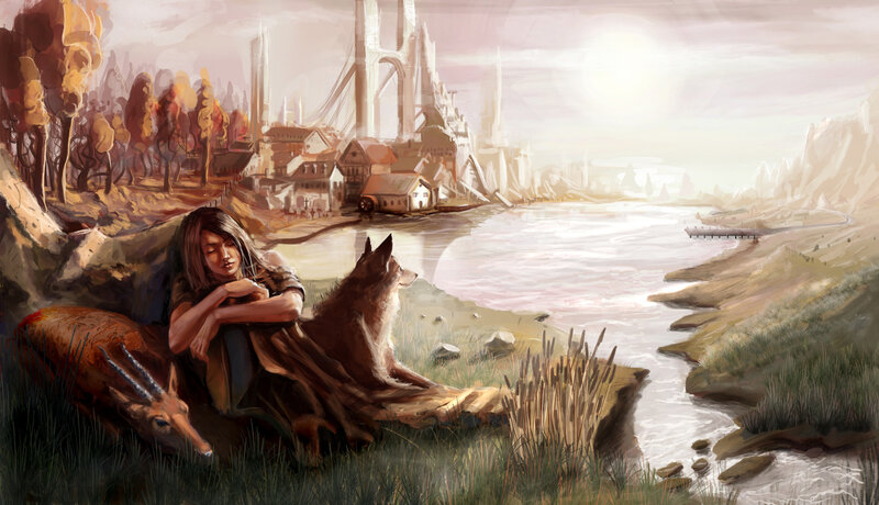 woman with animals by river
