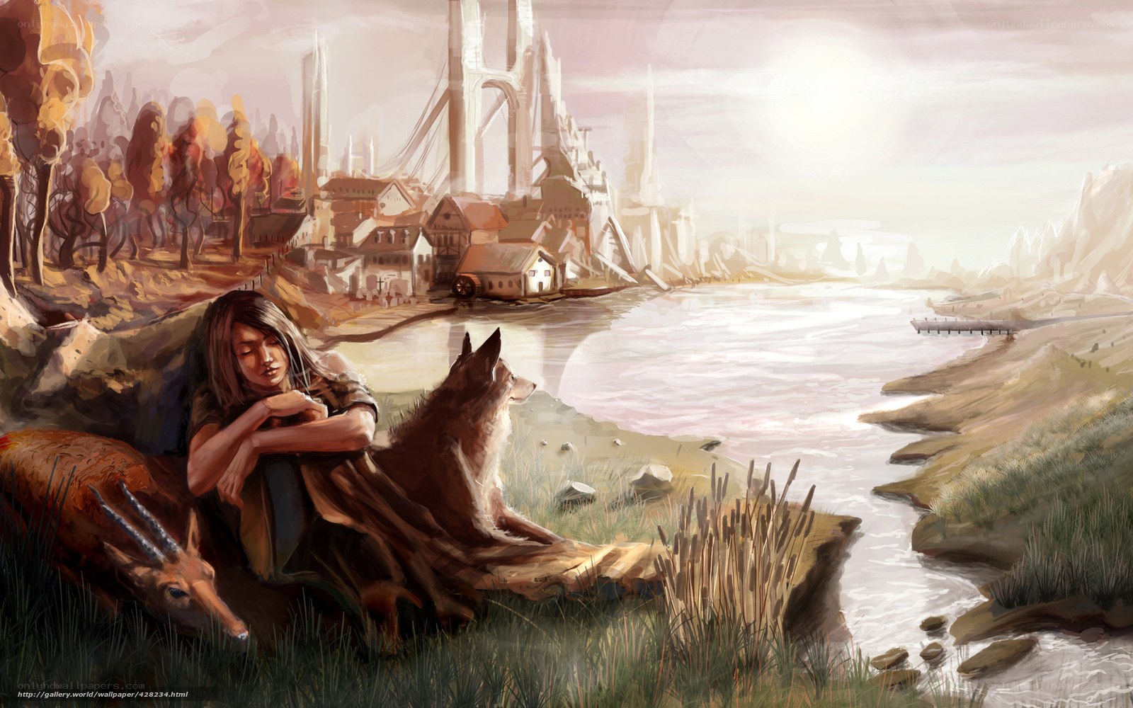 Woman with animals by river