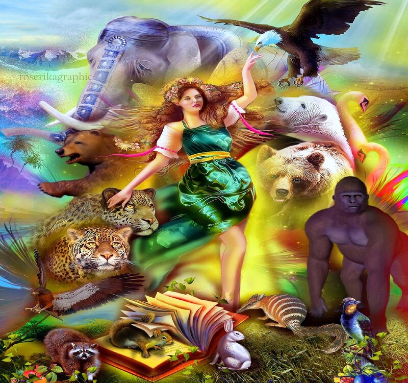 Woman with Animals — Green, Fantastical