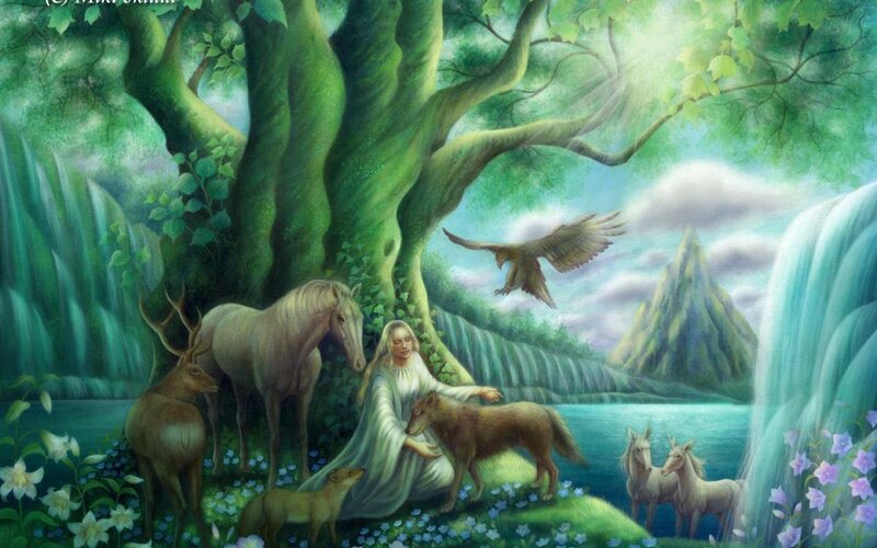 Woman with Animals — Green, Serene, Morning, Painting
