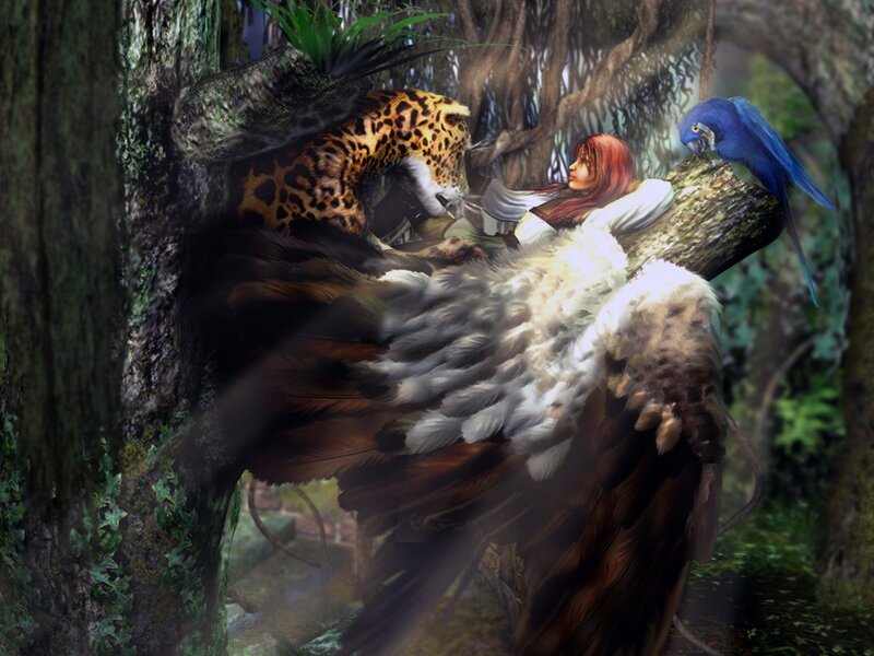 Woman with animals in forest