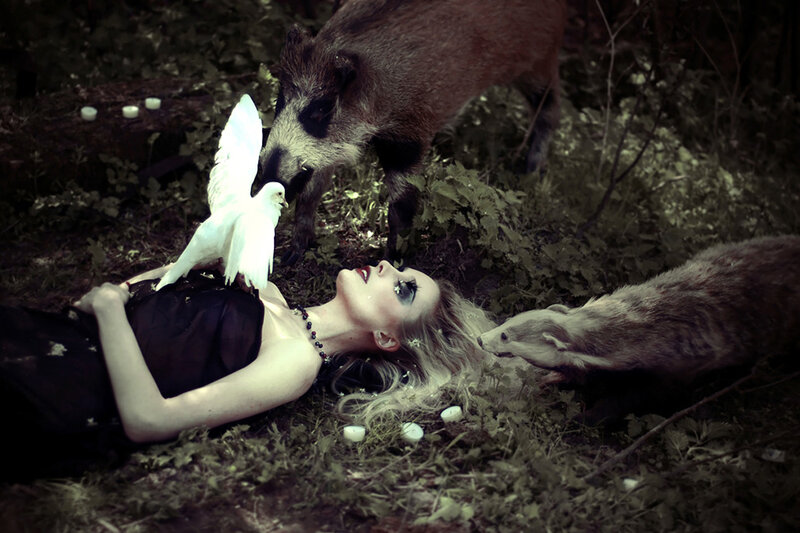 Woman with Animals in Forest — Black