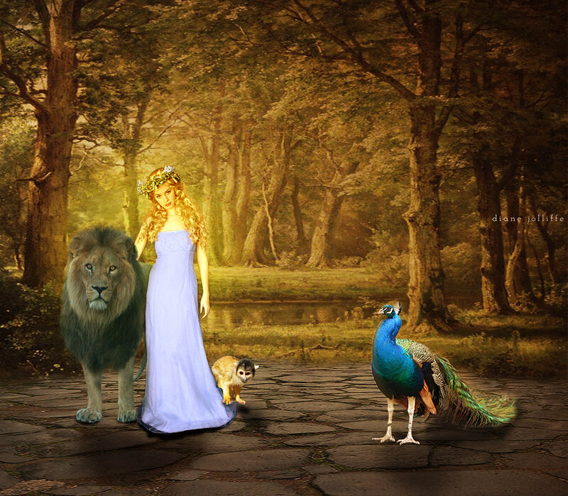 Woman with Animals in Forest — Blue