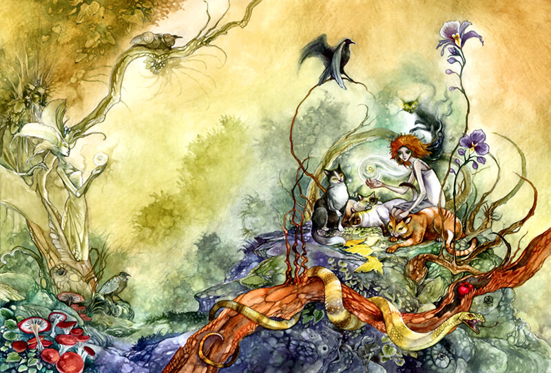 Woman with Animals in Forest — Green, Serene, Afternoon, Illustration