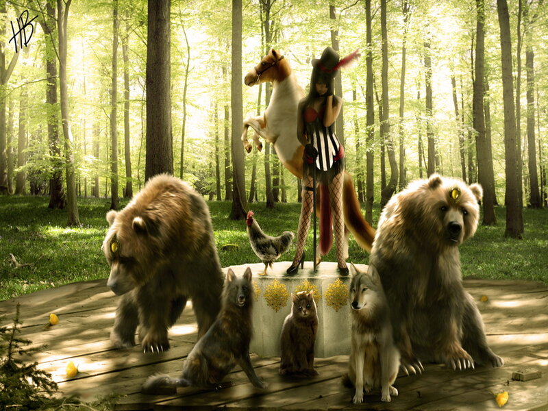 Woman with Animals in Forest — Green, Serene, Afternoon