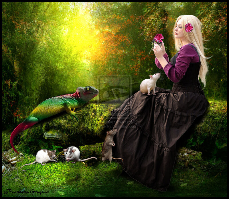 Woman with Animals in Forest — Green, Serene