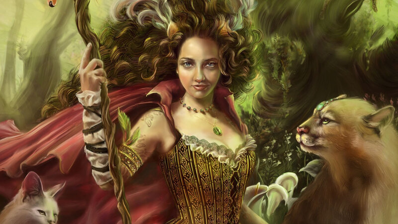 Woman with Animals in Forest — Green