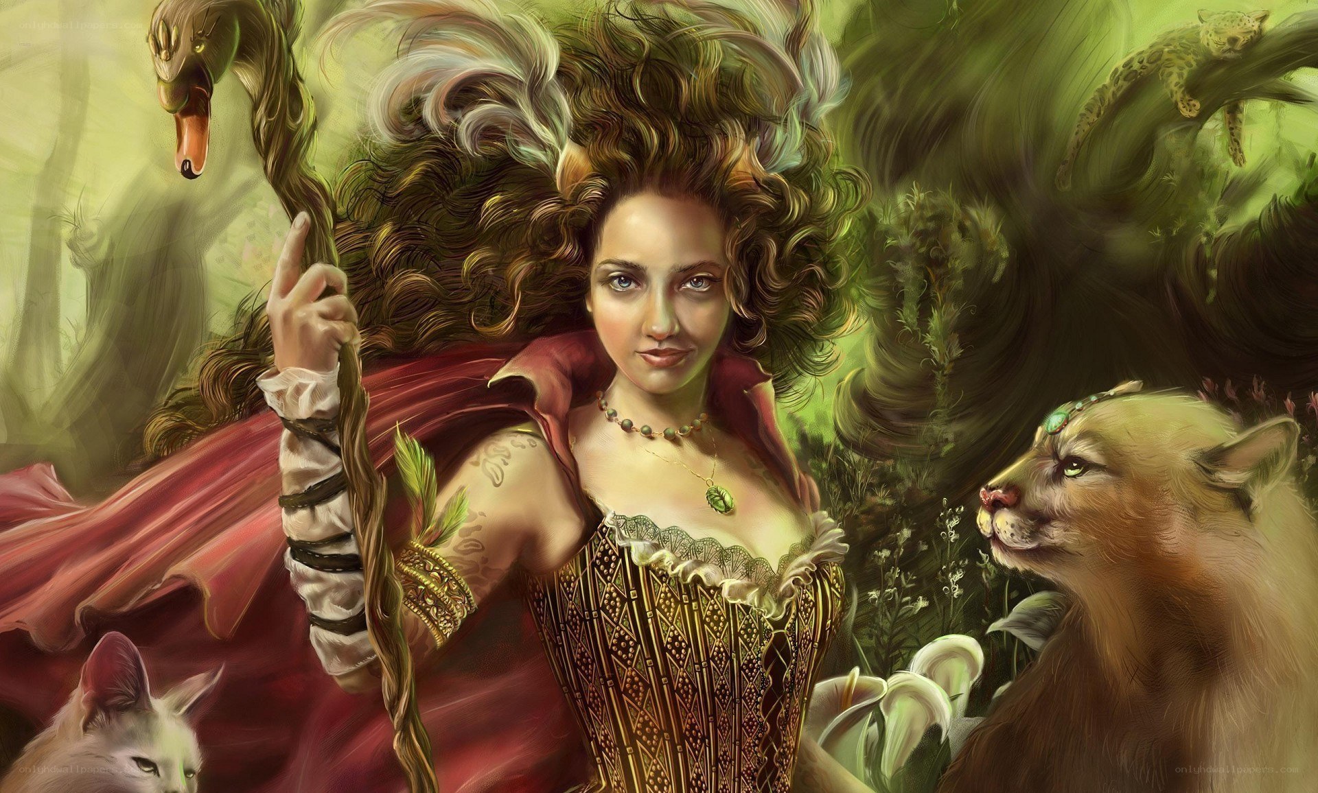 woman with animals in forest
