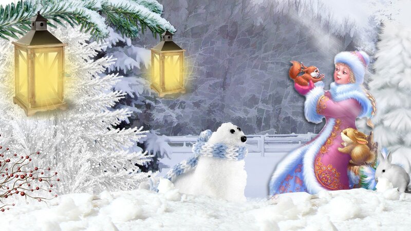 Woman with Animals in Snow