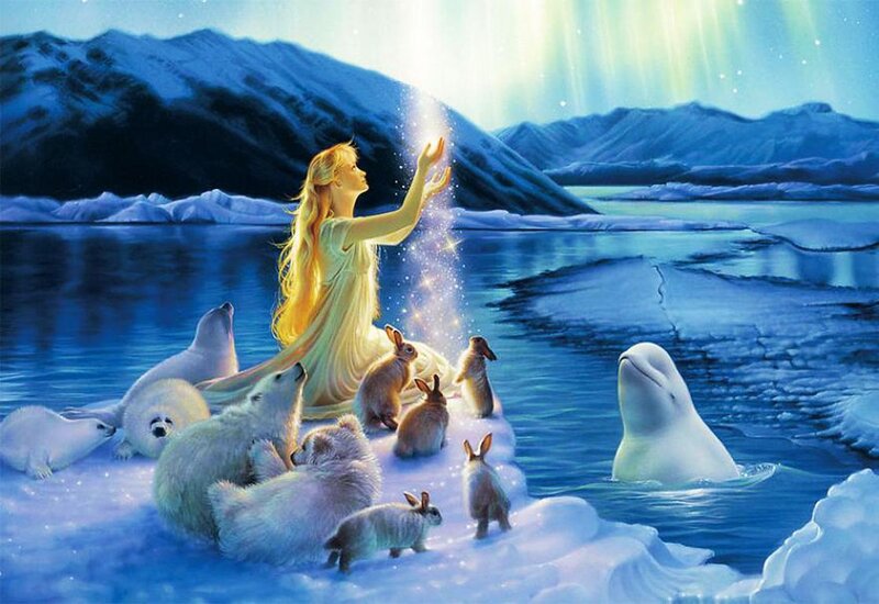 Woman with Animals on Ice — Blue