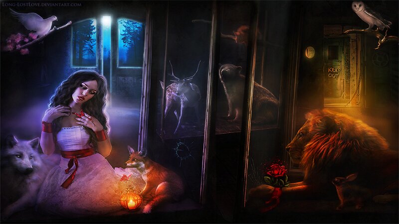 Woman with Animals — Purple, Dramatic, Night, Digital Art