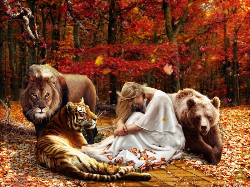 Woman with Animals — Red