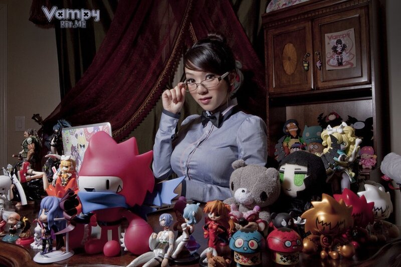 woman with anime figurines