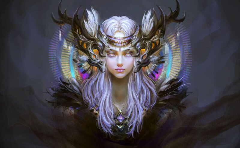 Woman with Antler Crown — White, Dramatic