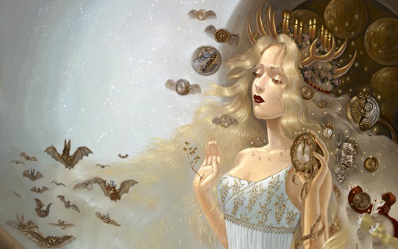 Woman with Antlers and Clocks