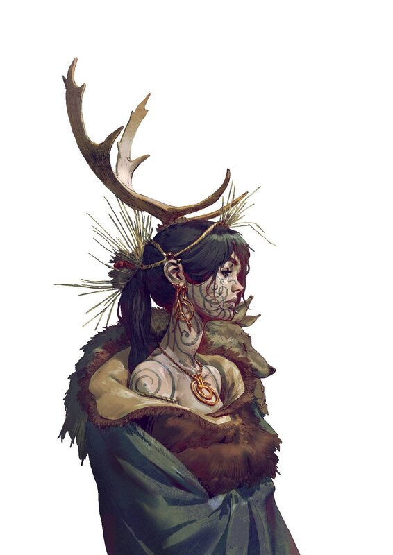 Woman with Antlers — Brown, Dramatic, Digital Art