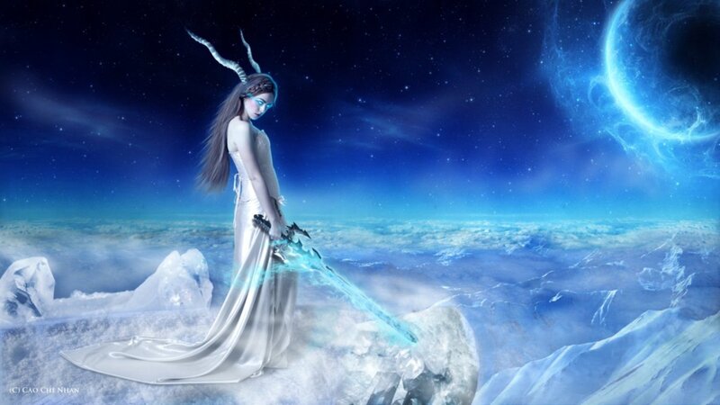 Woman with Antlers Holding Sword