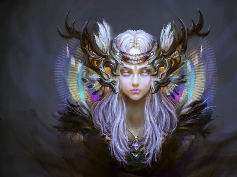 Woman with Antlers — White, Dramatic, Digital Art, Feathers