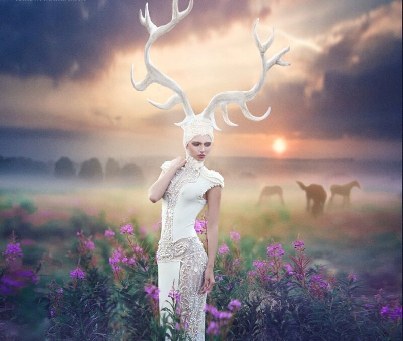 Woman with Antlers — White, Dramatic, Sunset