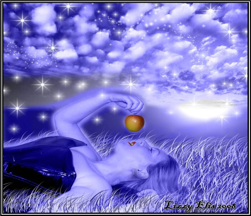 woman with apple in dreamy field