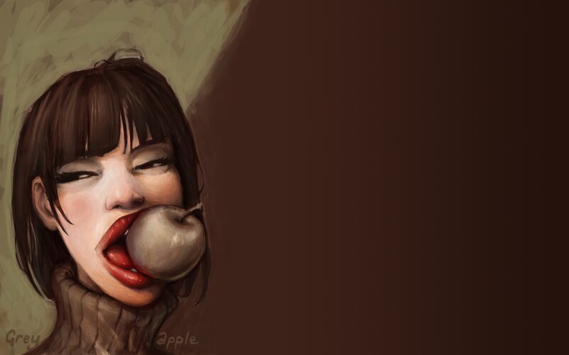 Woman with Apple in Mouth — Brown, Dramatic