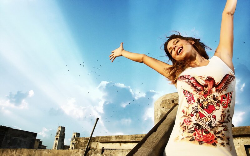 Woman with Arms Raised — Blue, Joyful