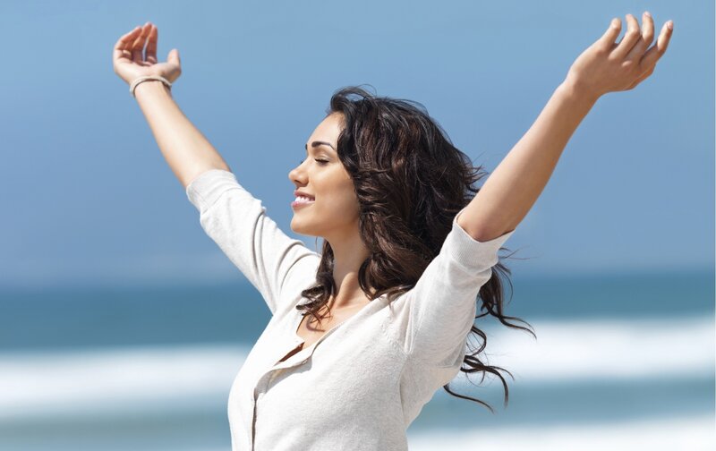 Woman with Arms Raised — Blue, Serene, Afternoon, Photograph