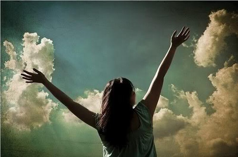 Woman with Arms Raised — Green, Dramatic