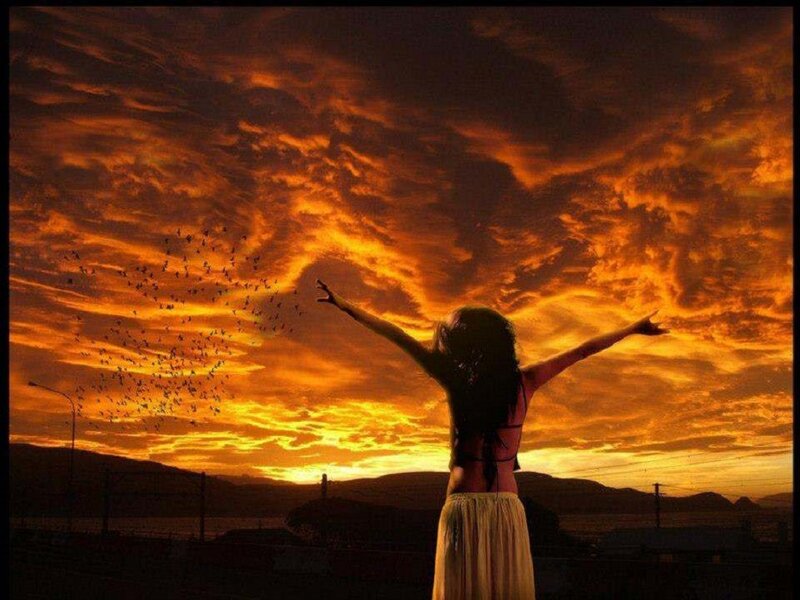 Woman with Arms Raised — Orange, Dramatic