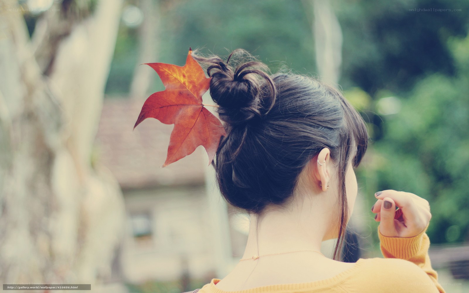 woman with autumn leaf in hair