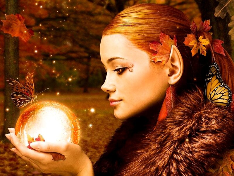 woman with autumn leaves