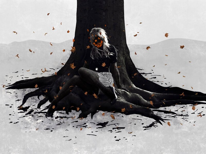 woman with autumn leaves