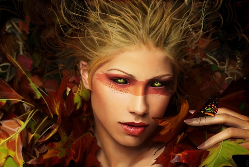 woman with autumn leaves