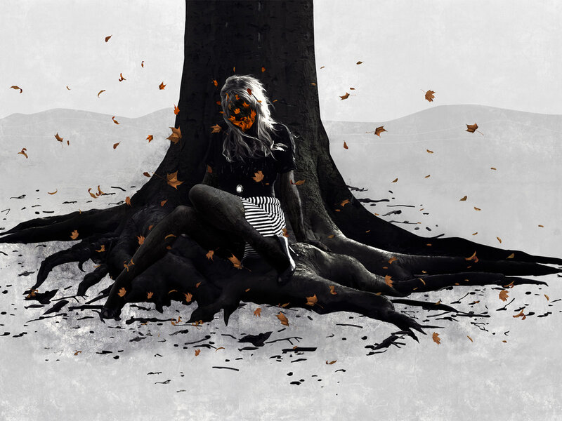 woman with autumn leaves