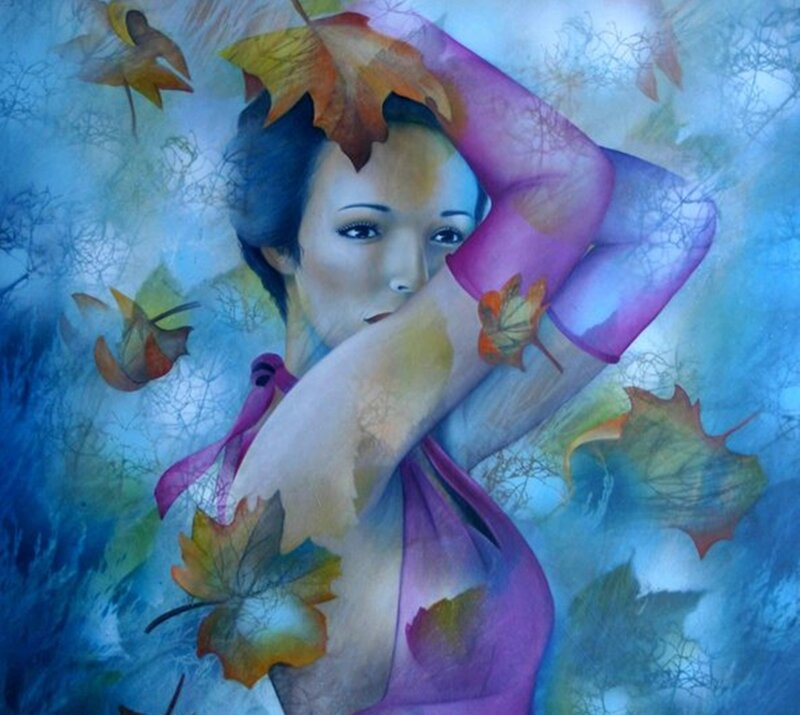 Woman with Autumn Leaves — Blue