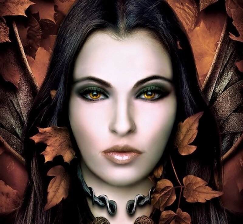 Woman with Autumn Leaves — Brown, Dramatic, Digital Art