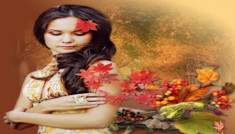 Woman with Autumn Leaves — Brown, Serene, Digital Art, Berries