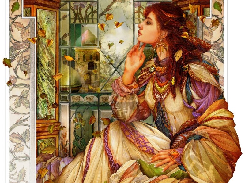 Woman with Autumn Leaves — Brown, Serene, Illustration