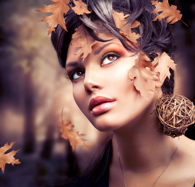 Woman with Autumn Leaves — Brown, Serene, Photograph