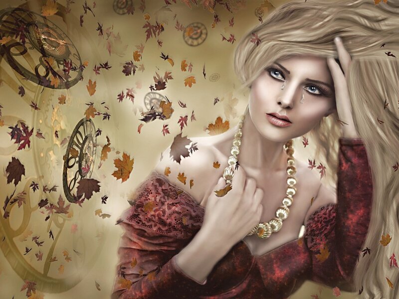 Woman with Autumn Leaves — Gold, Melancholic