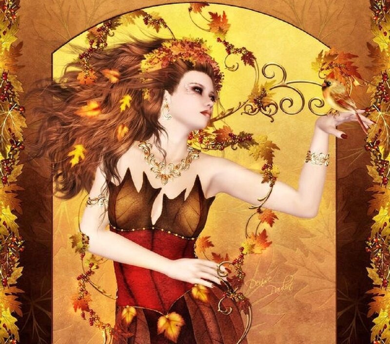 Woman with Autumn Leaves — Gold