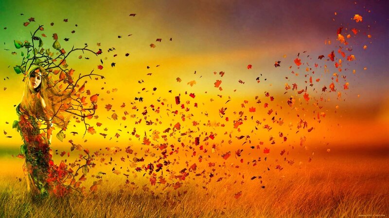 Woman with Autumn Leaves — Orange, Dramatic, Digital Art, Grass