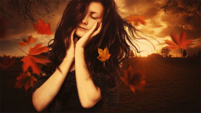 Woman with Autumn Leaves — Orange, Dramatic, Sunset