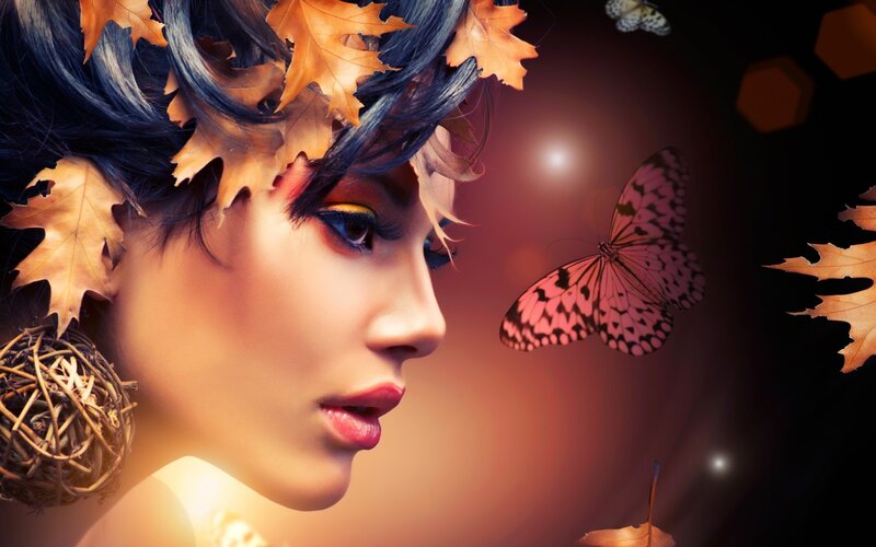 Woman with Autumn Leaves — Orange, Dreamy, Digital Art