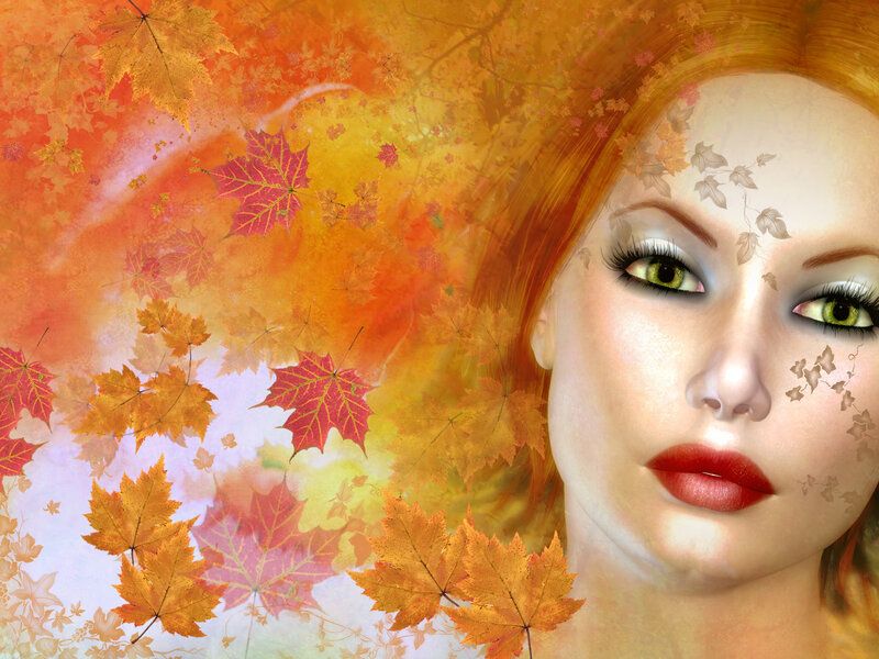 Woman with Autumn Leaves — Orange, Serene, Digital Art, Eyes